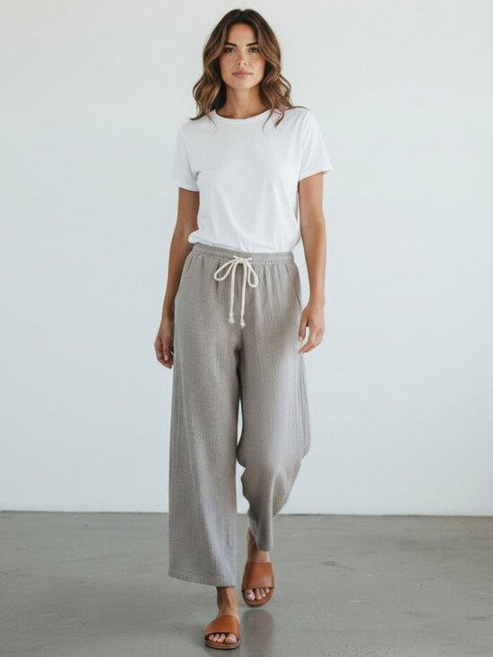 Black Ibis Pants - Cotton Gauze Beige Drawstring Waffle Texture Lightweight Wide Leg Ankle Length M